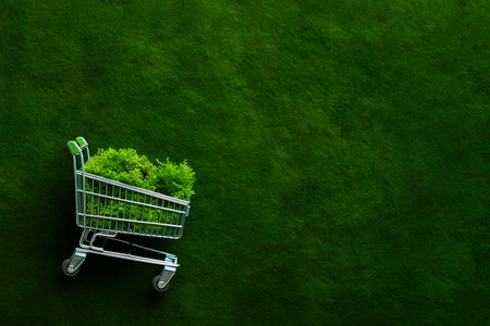 Shopping cart with moss on nature background. Green Friday sale, Earth Day, Environment and Eco concept, healthy lifestyle, zero waste, sustainable lifestyle, conscious consumption, eco market trolley.の素材
