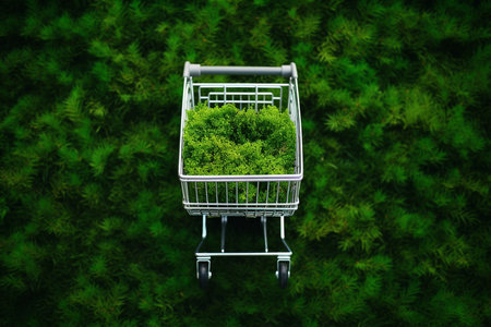 Shopping cart with moss on nature background. Green Friday sale, Earth Day, Environment and Eco concept, healthy lifestyle, zero waste, sustainable lifestyle, conscious consumption, eco market trolley.の素材