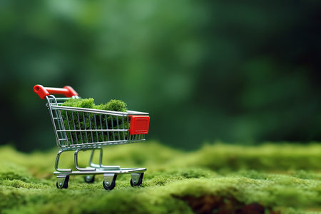 Shopping cart with moss on nature background. Green Friday sale, Earth Day, Environment and Eco concept, healthy lifestyle, zero waste, sustainable lifestyle, conscious consumption, eco market trolley.の素材