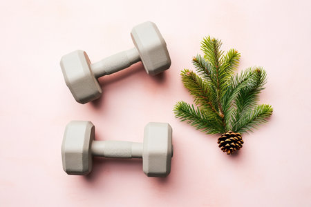 Christmas dumbbells flat lay with pine branches. New Year new you, concept of sport, winter sale season, healthy lifestyle, gym workout and sport training. Exercise equipment, New Year resolutions.の素材