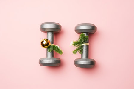Christmas dumbbells flat lay with balls and pine branches. New Year new you, concept of sport, winter sale season, gym workout and sport training. Exercise equipment, New Year resolutions.の素材