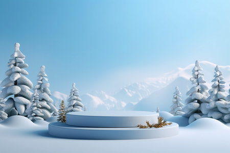 Christmas background with podium. Empty pedestal with Christmas trees, present boxes, snowflakes and empty space for text. New Year concept illustration, template for product advertisement.の素材