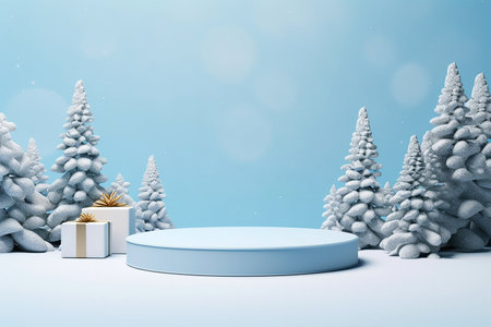 Christmas background with podium. Empty pedestal with Christmas trees, present boxes, snowflakes and empty space for text. New Year concept illustration, template for product advertisement.の素材