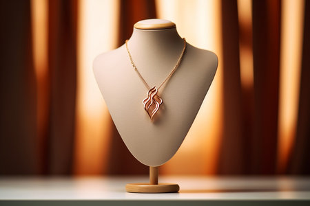 Luxury jewelry on stand. Golden necklace on bust mannequin in the store. Jewelry showcase, selective focus.の素材