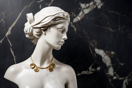 Statue with jewelry, bust of woman wearing golden necklace. Sculpture with luxury jewelry. Timeless, eternal beauty and style concept. Gypsum stone woman Greek statue with golden chain, copy spaceの素材