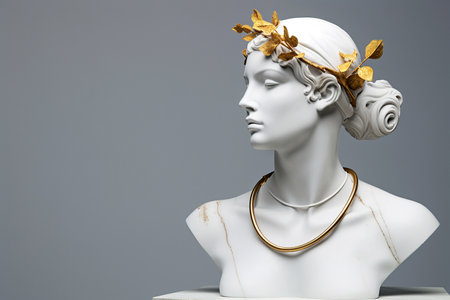 Statue with jewelry, bust of woman wearing golden necklace. Sculpture with luxury jewelry. Timeless, eternal beauty and style concept. Gypsum stone woman Greek statue with golden chain, copy spaceの素材
