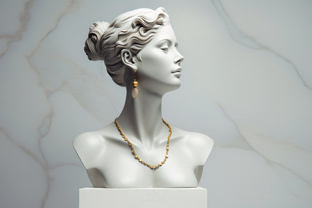 Statue with jewelry, bust of woman wearing golden necklace and earrings. Sculpture with luxury jewelry. Timeless, eternal beauty and style concept. Gypsum stone woman Greek statue with golden chain.の素材