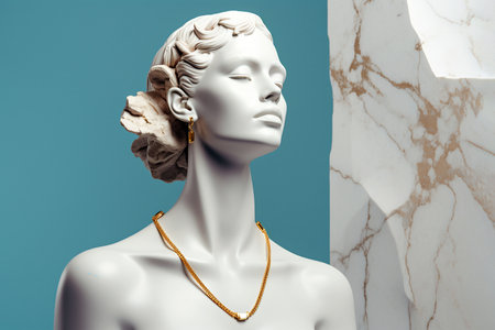 Statue with jewelry, bust of woman wearing golden necklace and earrings. Sculpture with luxury jewelry. Timeless, eternal beauty and style concept. Gypsum stone woman Greek statue with golden chain.の素材