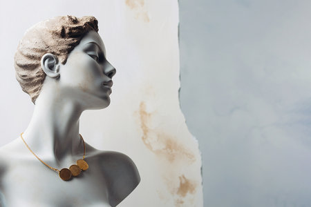 Statue with jewelry, bust of woman wearing golden necklace. Sculpture with luxury jewelry. Timeless, eternal beauty and style concept. Gypsum stone woman Greek statue with golden chain, copy spaceの素材