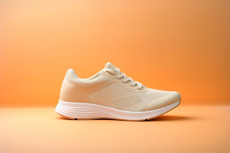Stylish sport shoes on pastel background, simple urban aesthetics. Sportswear, minimalist style and fashion, running footwear. Sneakers for running or hiking.の素材
