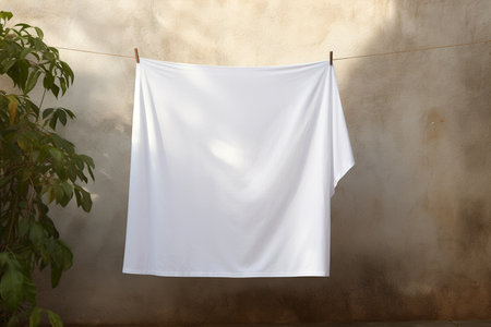 Clean white sheet drying on a line. Laundry with clothes pins on a rope outdoors. Clean clothesline dry laundry line. Empty space for text, mockup.の素材
