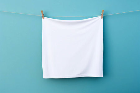 Clean white sheet drying on a line. Laundry with clothes pins on a rope. Clean clothesline dry laundry line. Empty space for text, mockup.の素材