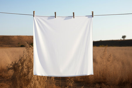 Clean white sheet drying on a line. Laundry with clothes pins on a rope outdoors. Clean clothesline dry laundry line. Empty space for text, mockup.の素材