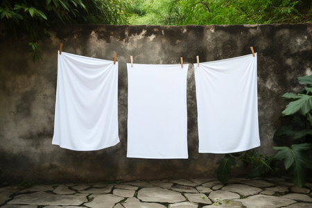 Clean white sheets drying on a line. Laundry with clothes pins on a rope outdoors. Clean clothesline dry laundry line. Empty space for text, mockup.の素材