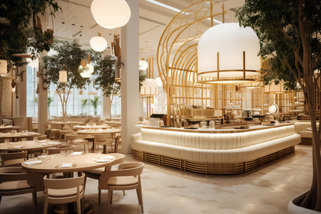 Interior of a luxury restaurant with wooden tables and chairs.の素材