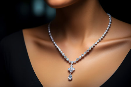Woman wearing luxury jewelry, platinum necklace with diamonds close-up. Golden necklace on female neck. Beautiful diamond pendant necklace. Beauty, people and jewelry concept.の素材