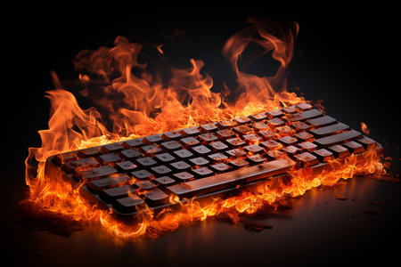 Burning keyboard on black background. Burnout syndrome, deadline, burnout at work. Computer keyboard on fire as a symbol of stress, restless, anxiety, mental health problems, anger, panic, overwork.の素材