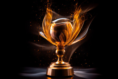 Gold winner cup, shining golden champion cup, trophy for the winner, award, victory, first place of competition, winning and success concept. Copy spaceの素材