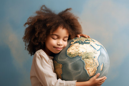 Child hugging planet Earth model. World heritage, environment protection, Earth day, ecology, world without war concept. Embracing the Earth globe, peace and love, sweet dreams, happy childhood theme.の素材