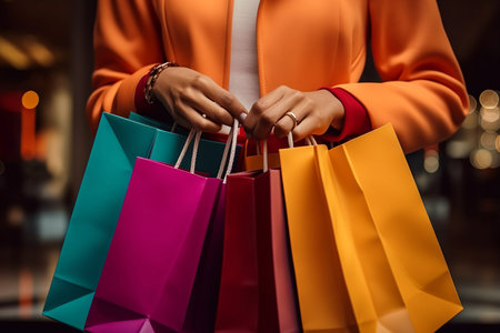 Cropped image of African American woman holding shopping bags in mallの素材