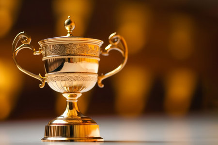 Gold winner cup, shining golden champion cup, trophy for the winner, award, victory, first place of competition, winning and success concept. Copy spaceの素材