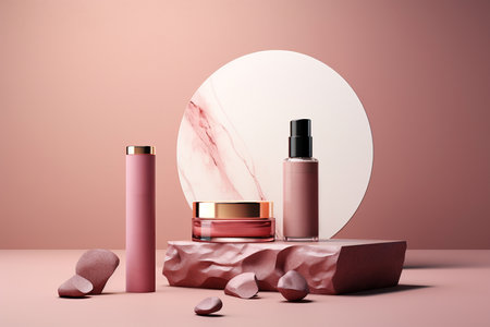 Cosmetic packaging containers for skincare on store shelf, skin care set for daily routine. Beauty product mock-up. Set of unbranded bottles and tubes for design packaging. Beauty and spa concept.の素材