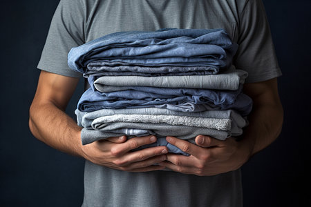 Man holding stack of clothes for reuse, donation or moving. Renewable concept, Laundry day, recycling, charity. Reuse, recycling and reducing textile waste, second hand, give away, sustainable livingの素材
