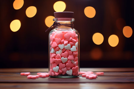 Transparent glass bottle with heart shaped pills. Colorful candies as hearts in a glass jar. Valentine's Day greeting card. Love addiction concept, healthcare and medicine, heart disease drugs.の素材