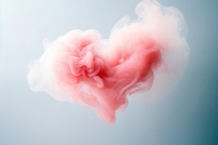 Pink smoky heart on blue background. Heart sign from pink smoke. Heart made of fog, heart shaped cloud. Minimal love concept, Valentine's Day greeting card, romantic background.の素材