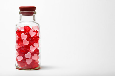 Transparent glass bottle with heart shaped pills. Colorful candies as hearts in a glass jar. Valentine's Day greeting card. Love addiction concept, healthcare and medicine, heart disease drugs.の素材