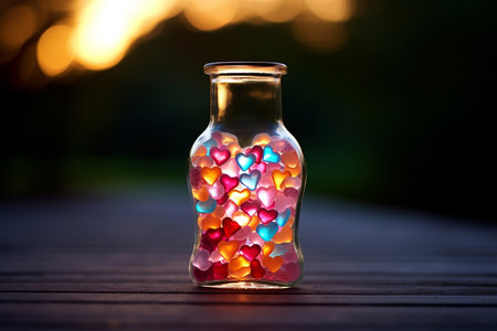 Transparent glass bottle with heart shaped pills. Colorful candies as hearts in a glass jar. Valentine's Day greeting card. Love addiction concept, healthcare and medicine, heart disease drugs.の素材
