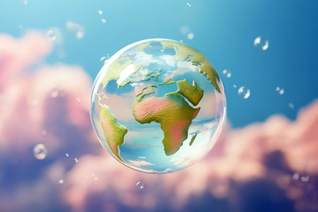 Soap bubble Earth floating in the air. Earth Day, save the planet concept. Ecology and sustainability, fragile world, saving the environment for the future.の素材