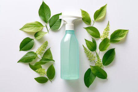 Spray bottle with cleaning product and green leaves around. Eco cleaning concept. Environmentally friendly bio natural cleaning products. Copy space.の素材