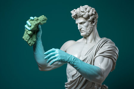Greek sculpture of a man cleaning home wearing rubber gloves and holding cleaning cloth. Cleaning service banner. Spring home cleaning, decluttering, cleaning agency creative minimal concept.の素材