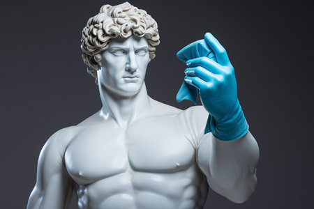 Greek sculpture of a man cleaning home wearing rubber gloves and holding cleaning cloth. Cleaning service banner. Spring home cleaning, decluttering, cleaning agency creative minimal concept.の素材