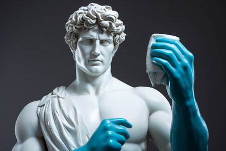 Greek sculpture of a man cleaning home wearing rubber gloves and holding cleaning cloth. Cleaning service banner. Spring home cleaning, decluttering, cleaning agency creative minimal concept.の素材