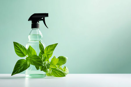 Spray bottle with cleaning product and green leaves around. Eco cleaning concept. Environmentally friendly bio natural cleaning products. Copy space.の素材