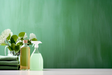 Spray bottles with cleaning products and cleaning tools on green background. Eco cleaning concept. Environmentally friendly bio natural home cleaning. Copy space.の素材