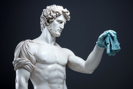 Greek sculpture of a man cleaning home wearing rubber gloves and holding cleaning cloth. Cleaning service banner. Spring home cleaning, decluttering, cleaning agency creative minimal concept.の素材