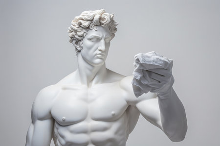 Greek sculpture of a man cleaning home wearing rubber gloves and holding cleaning cloth. Cleaning service banner. Spring home cleaning, decluttering, cleaning agency creative minimal concept.の素材