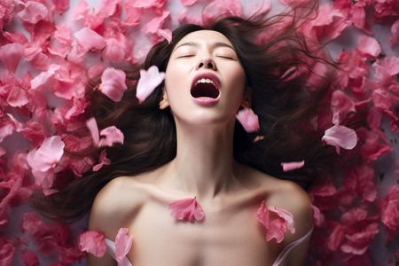 Young Asian woman having orgasm. Beautiful woman with open mouth and closed eyes enjoying sex lying among flower petals. Sexual experience, getting sexual pleasure, masturbation, cunnilingus.の素材