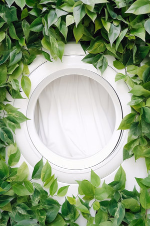 Washing machine with green leaves around it. Eco cleaning, eco friendly washing concept. Environmentally friendly bio natural home cleaning. Plants near modern washing machine. Spring cleaningの素材