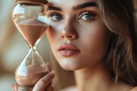 Young woman holding hourglass. Aging process and youth concept, stop the time, anti aging treatment, beauty and cosmetics. Young girl portrait with smooth clean skin and perfect soft makeup.の素材
