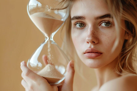 Young woman holding hourglass. Aging process and youth concept, stop the time, anti aging treatment, beauty and cosmetics. Young girl portrait with freckles and perfect minimal nude makeup.の素材