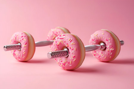 Donut dumbbells, bad fitness nutrition. Creative concept for a healthy lifestyle, sport and bodybuilding. Weight training and wrong diet, too much carbohydrates, funny food, eating junk food.の素材