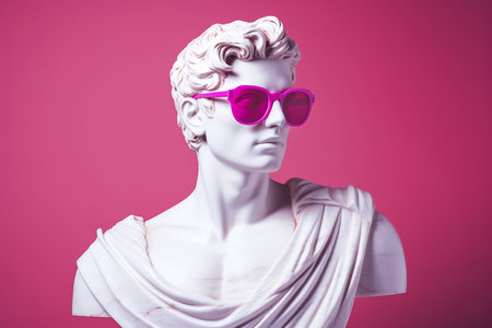 Ancient greek sculpture wearing pink sunglasses. Bust sculpture in glasses. Minimal composition, modern art, party, vacation and romantic concept.の素材
