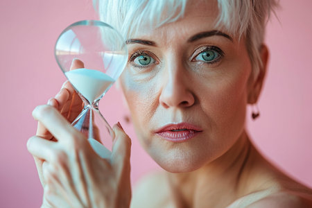Old woman holding an hourglass. Concept of aging, fear of passing time, chronophobia, mental health in old age, depression in the elderly. Female life cycle, menopause, flow of life. Beauty has no age.の素材