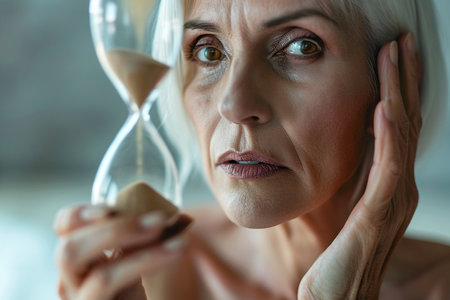 Old woman holding an hourglass. Concept of aging, fear of passing time, chronophobia, mental health in old age, depression in the elderly. Female life cycle, menopause, flow of life. Beauty has no age.の素材
