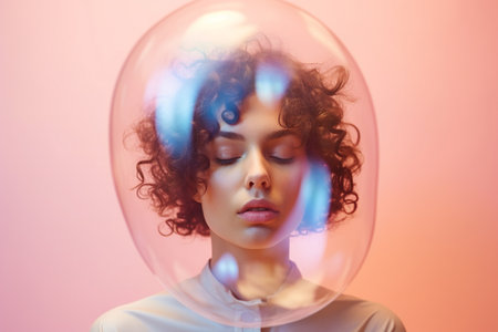 Woman inside a big soap bubble, introvert, loner, living in solitude, recluse. Mental health, psychology concept, inner world, shyness, hiding identity, dreaming, antisocial, alone, avoiding people.の素材