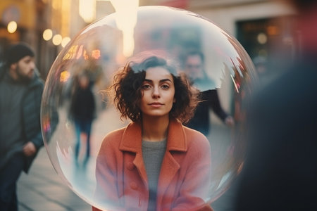 Woman inside a big soap bubble, introvert, loner, living in solitude, recluse. Mental health, psychology concept, inner world, shyness, hiding identity, dreaming, antisocial, alone, avoiding people.の素材